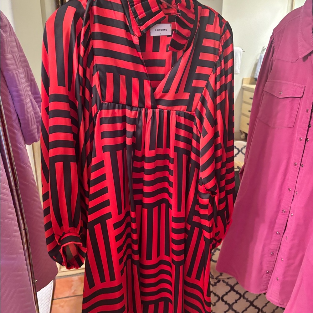 Adrienne Red and Black Geometric Long-Sleeve Midi Dress
